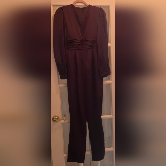 Mac Duggal Elegant Deep Purple/ Plum Plunge Neckline Satin Long Sleeve Jumpsuit - Picture 13 of 16